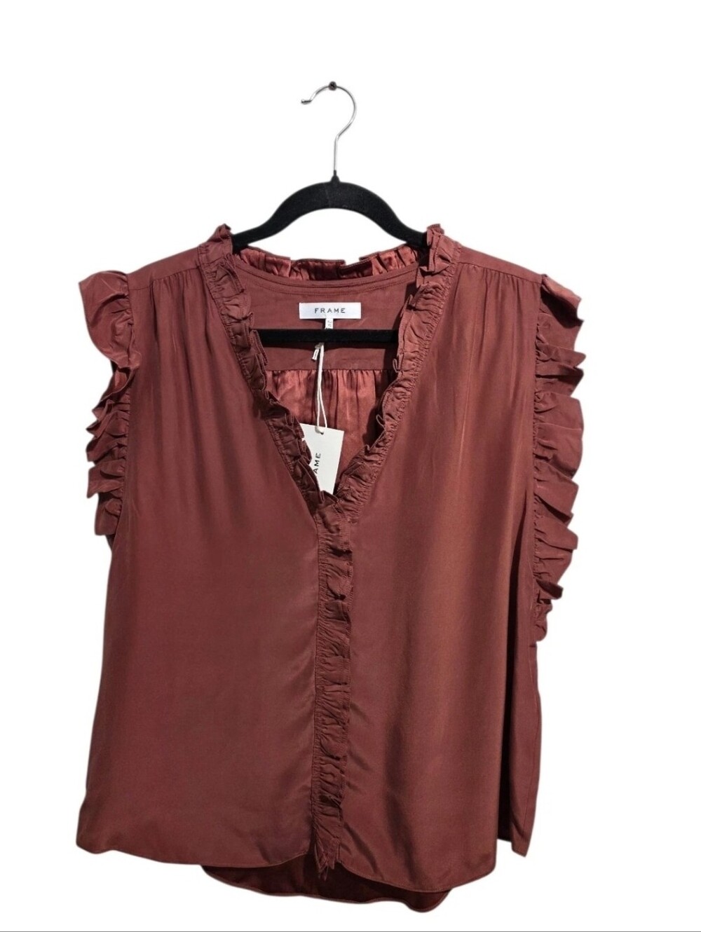 FRAME Lauren Silk Sable Blouse Ruffle Sleeveless Top Women's Size XL